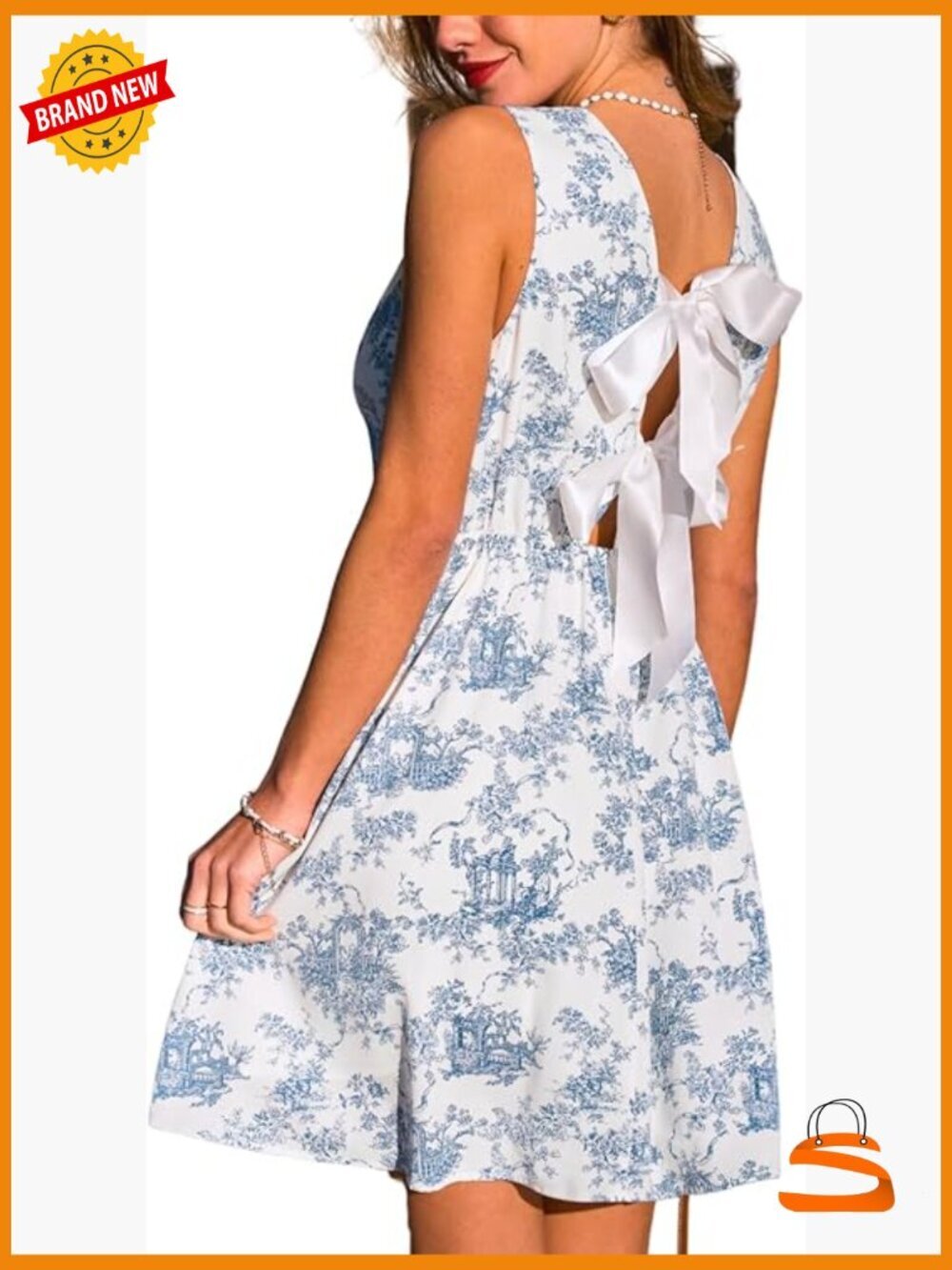 Floral Bow Tie Back Crewneck Sleeveless A Line Mini Dress Summer